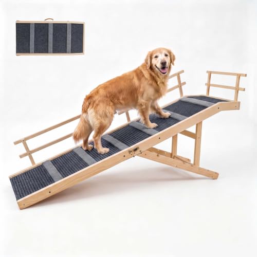 Wooden Dog Ramp for High Bed 65.7" Extra Long Solid Wood Pet Ramp with Non