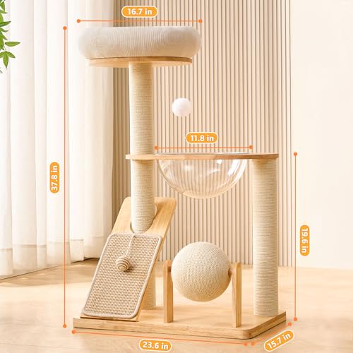 Solid Wood Cat Tree Tower with Scratching Post (White-Corduroy)