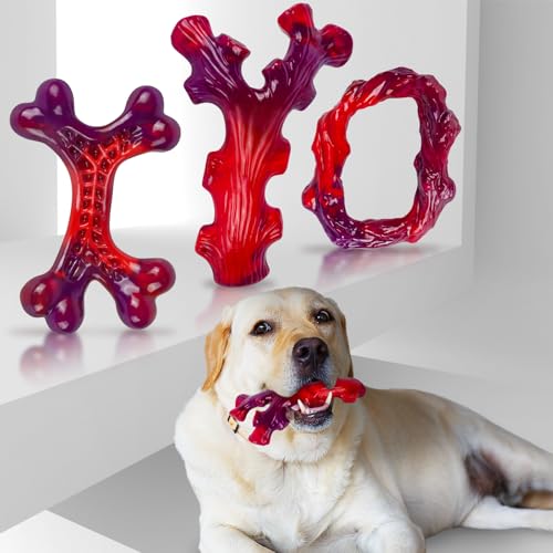 3 Pack Indestructible Dog Chew Bones for Aggressive Chewers (Red-3-Pack)