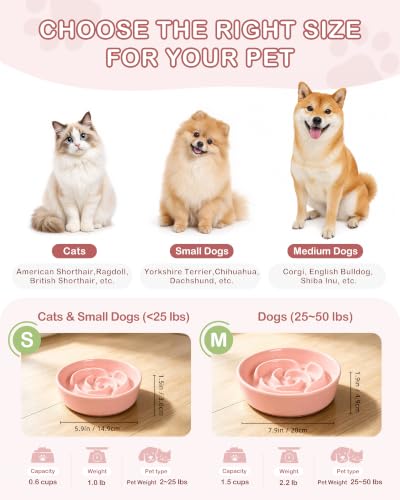 Ceramic Slow Feeder Dog Bowls Small Breed (S-0.6 Cups / 02-Pink)