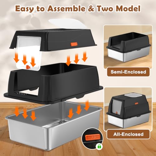 XL Stainless Steel Cat Litter Box with Lid (Black)