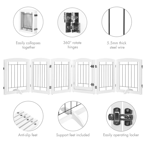 6 Panels Dog Gate Indoor with Walk Through Door (White / 【6 Panels with door】120"W x 24"H)
