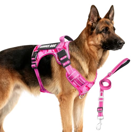 Tactical Dog Harness and Leash Set with 10 Patches for Large Dogs (X-Large / Camo Pink)