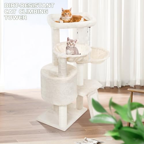 Wang Xin Three Layer Cat Tree with Cat Condo Scratch Pad and Two Hammocks (Small / Beige)