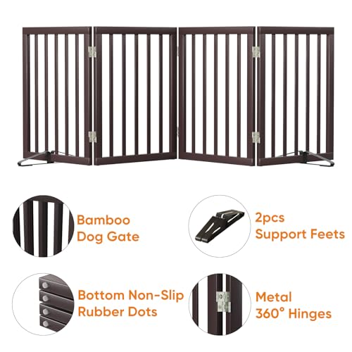 Freestanding Dog Gate Folding Brown Dog Gates for the House Doorways Stairs Pet Gates for Dogs (Bamboo Dog Gate Brown / 4 Panel - 74 inches Wide)