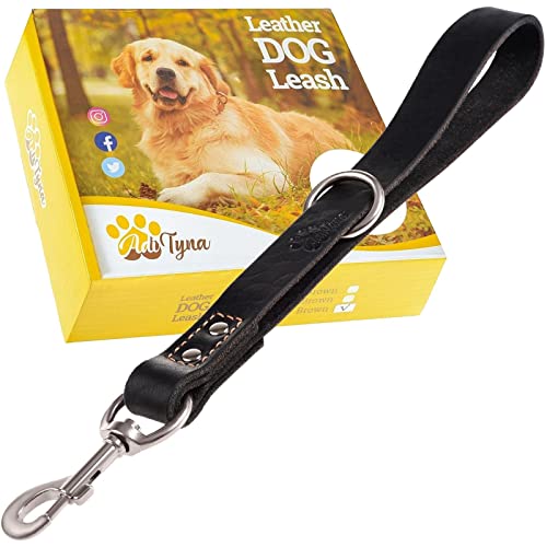 Short Leather Dog Leash 12" Length x 1" Wide (15" long x 1" width / Black)