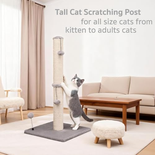 34“ Tall Cat Scratching Post Premium Basics Kitten Scratcher Sisal Scratch Posts Trees with Hanging Ball for Indoor Cats (34 inches for Adult Cats / Gray)