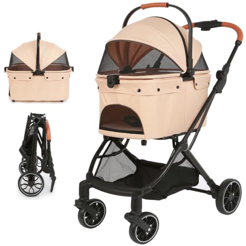 Pet Stroller with Detachable Carrier (Khaki)