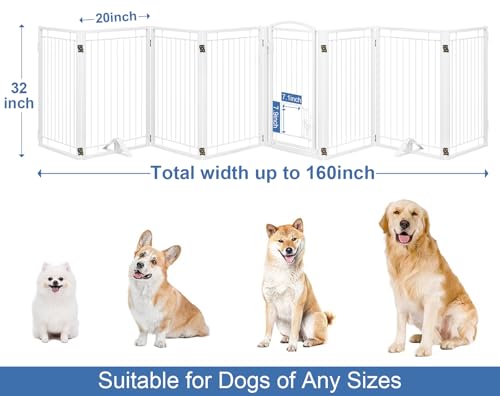 Full Metal Freestanding Dog Gate with Cat Door for Indoor & Outdoor (White / 【8 Panels with Door】160"W×32"H)