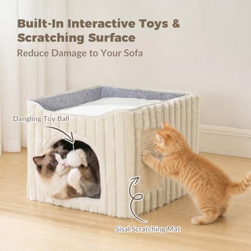 3-in-1 Cat Cave Bed for Indoor Cats with Scratch Pad (Cream)