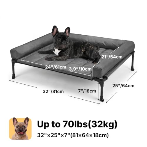 Outdoor Elevated Dog Bed with Waterproof Bolster Cushion (Black Silver / 32.0"L x 25.0"W x 7.0"Th)