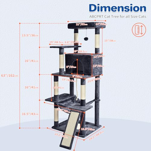 63" Multi Level Cat Tree Tower for Indoor Cats (Dark Grey)