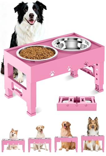 Elevated Dog Bowls with 2 Stainless Steel Bowls (For Medium Large Dogs / Pink)