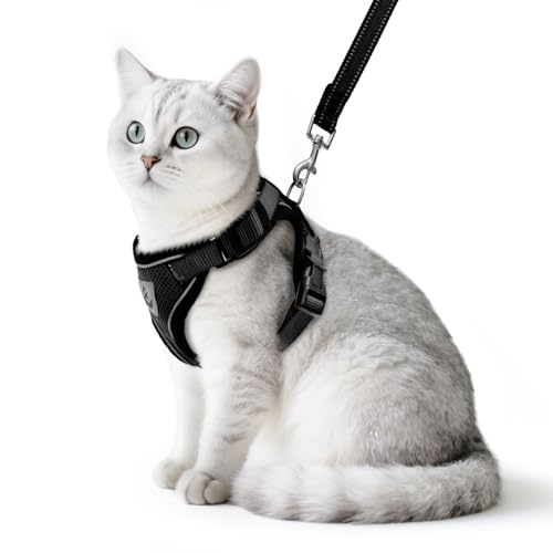 Cat Harness and Leash Set Escape Proof Reflective Cat Walking Harness Adjustable Soft Breathable Mesh Vest for Small Pets (S (NECK 9.5"-11", CHEST 13"-16") / Black)