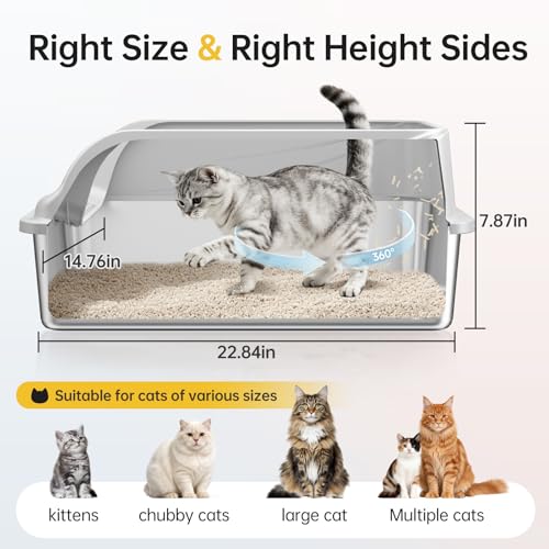High Sided Stainless Steel XL Cat Litter Box for Cats (Grey L)