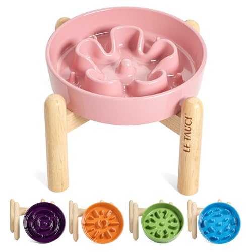 Ceramic Slow Feed Dog Bowls (Pink Bloom+Stand / S-0.6 Cups)