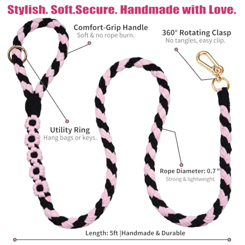 5FT Braided Cotton Rope Leash for Small (Midnight Rose)