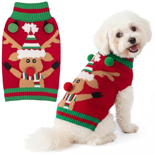 Dog Christmas Sweater for Small Dog Thick Knit with Reindeer Pattern (Medium (7-11lbs) / 3# Santa hat reindeer)