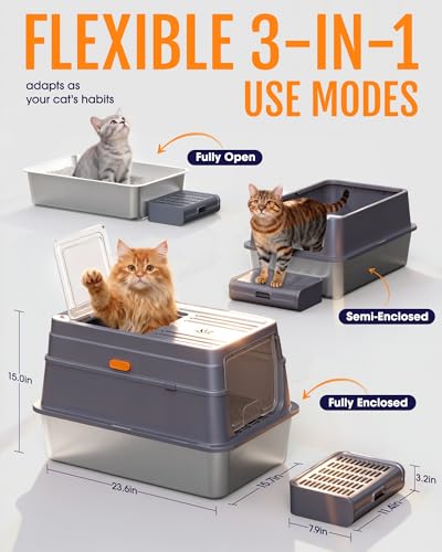 Stainless Steel Enclosed Cat Litter Box (23.6" × 15.7" x 15")