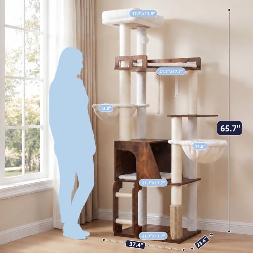 Wooden Cat Tree Tower with Large Condos (Rustic Brown)