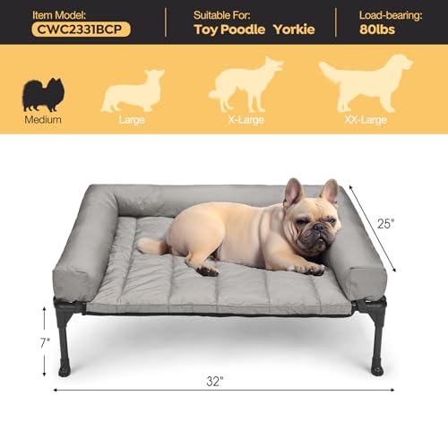 Outdoor Elevated Dog Bed with Waterproof Bolster Cushion (Light Grey / 32.0"L x 25.0"W x 7.0"Th)