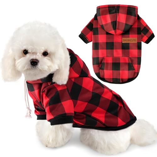 Dog Basic Hoodie Soft Dog Clothes Cold Weather Sweaters for Medium Large Dogs Cozy Fabric Warm Sweatshirt with Leash Hole for Boys (Red Plaid / S(Back: 12.6",Chest:18.11", 5-10 lbs))