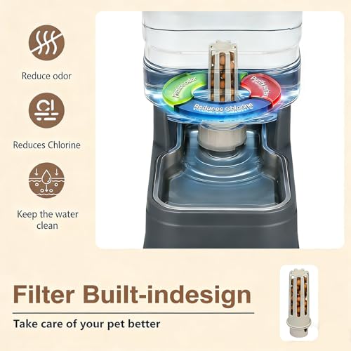 2.2 Gallon Pet Automatic Dog Water Dispenser Cat Gravity Waterer Feeder with Stainless Steel Bowl 8L Large Capacity Puppy Feeding Raised Bowls with Filter (Charcoal Gray / 8L(2.2 Gallon))