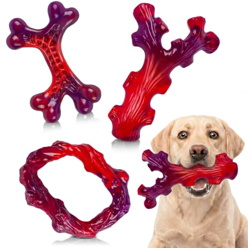 3 Pack Indestructible Dog Chew Bones for Aggressive Chewers (Red-3-Pack)