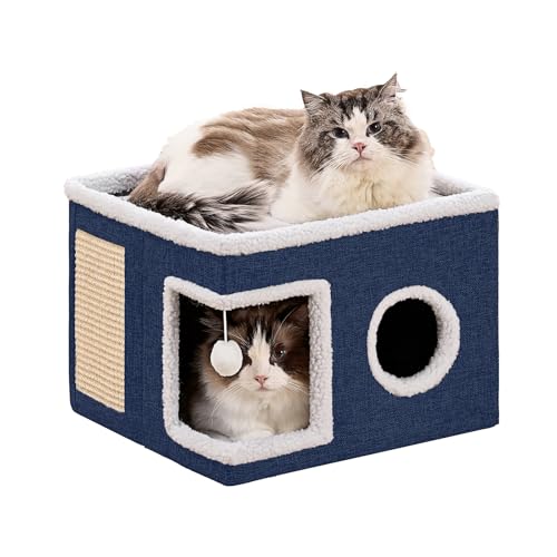 Large Cat Houses for Indoor Cats with Fluffy Ball and Scratch Pad (SingleAB / Large)