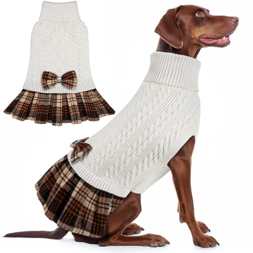 Dog Sweaters Dress with Leash Hole with Bowtie Turtleneck Red Dog Knitwear Plaid Pattern Warm Pet Sweater for Medium Dogs White (XX-Large (40-70lbs) / 06# White)
