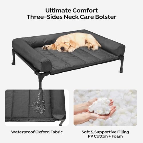 Outdoor Elevated Dog Bed with Waterproof Bolster Cushion (Black / 32.0"L x 25.0"W x 7.0"Th)