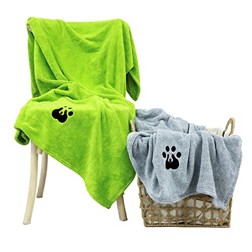 Extra Large Dog Towels for Drying Dogs 2 Pack (Green and Grey / XL-55" * 36")
