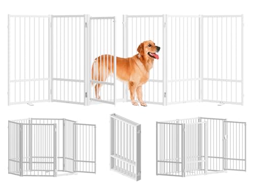 Full Metal Freestanding Dog Gate with Door (【6 Panels】120"W*32H" / White)