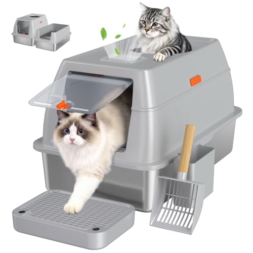 XL Enclosed Stainless Steel Litter Box with Lid (Light Gray)