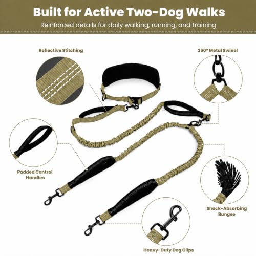 Hands Free Double Dog Leash (Khaki)