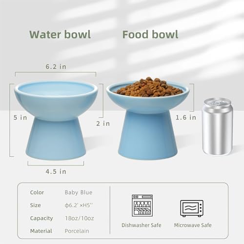 2 Pack Elevated Ceramic Cat Bowls Extra Wide for Food & Water (Baby Blue)
