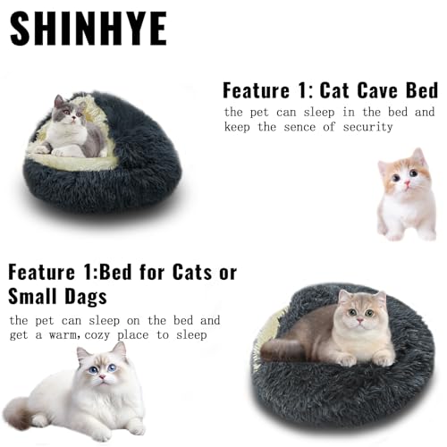 Cat Bed Round Plush Fluffy Hooded Cat Bed Cave (23.0"L x 23.0"W x 6.0"Th / Dark Grey)