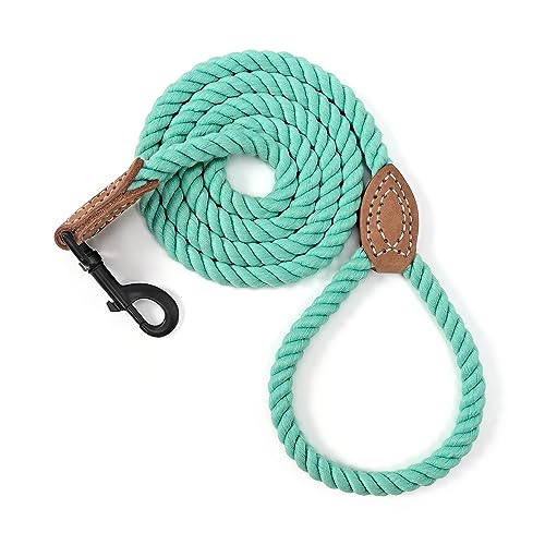 Dog Leash Braided Cotton Rope with Leather (Green / 60 Inch-1/2")