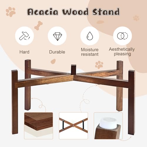 Ceramic Elevated Dog Bowl Set with Acacia Wood Stand for Food and Water for Large Dogs (60.87 Oz / White with Dog Paw Pattern)