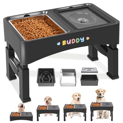 3-in-1 Elevated Dog Bowls with 4 Height Adjustable Raised Stand (Black)