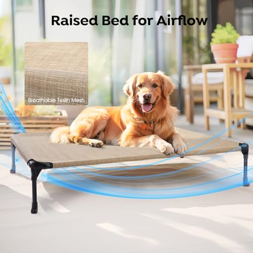 Outdoor Elevated Dog Bed with Waterproof Bolster Cushion (Beige Coffee / 42.0"L x 30.0"W x 7.0"Th)