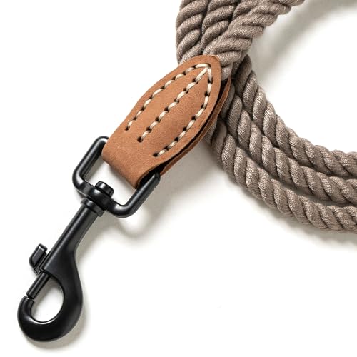Dog Leash Braided Cotton Rope with Leather (Camel / 60 Inch-1/3")