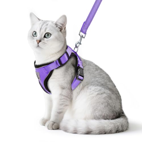 Cat Harness and Leash Set Escape Proof Reflective Cat Walking Harness Adjustable Soft Breathable Mesh Vest for Small Pets (S (NECK 9.5"-11", CHEST 13"-16") / Purple)