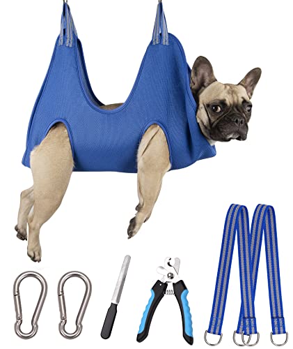 10 in 1 Pet Grooming Hammock Harness with Nail Clippers (M/Under 36 lb / Blue)