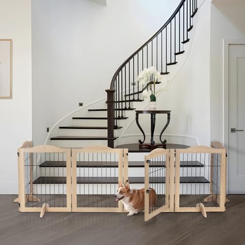 132" Extra Wide Dog Gate and Pet Playpen with Walk Through Door (Nature / 132"W×31.5"H)