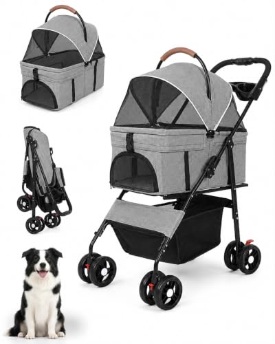 Pet Stroller 3 in1 Foldable Dog Cat Stroller with Detachable Carrier (GRAY)
