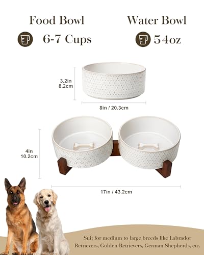 Dog Bowl Set Ceramic Bowls with Walnut Wood Stand (Five-leaf Grass+Honeycomb / 6 Cups)