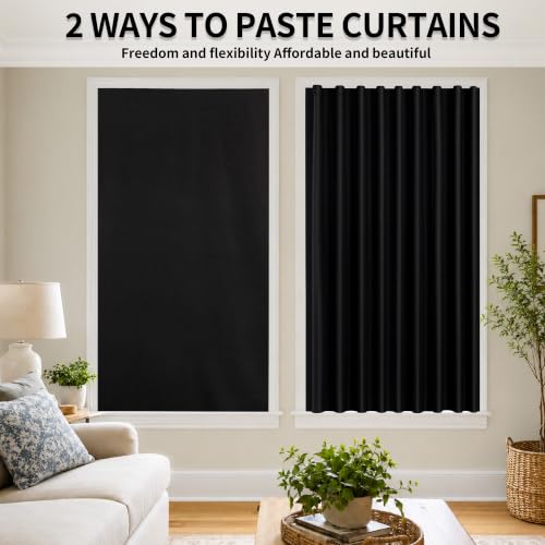 Self Adhesive Curtain No Rod Needed (Black / 35"W x 60"H)