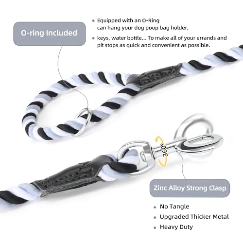 Rainbow Dog Leash Braided Cotton Rope w Leather (Black/Gray / 60 Inch-1/2")