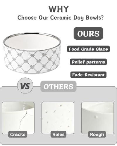 Ceramic Dog Bowl Set of 2 with Wood Stand (M-3.5 Cups / 03-Sliver Paw)